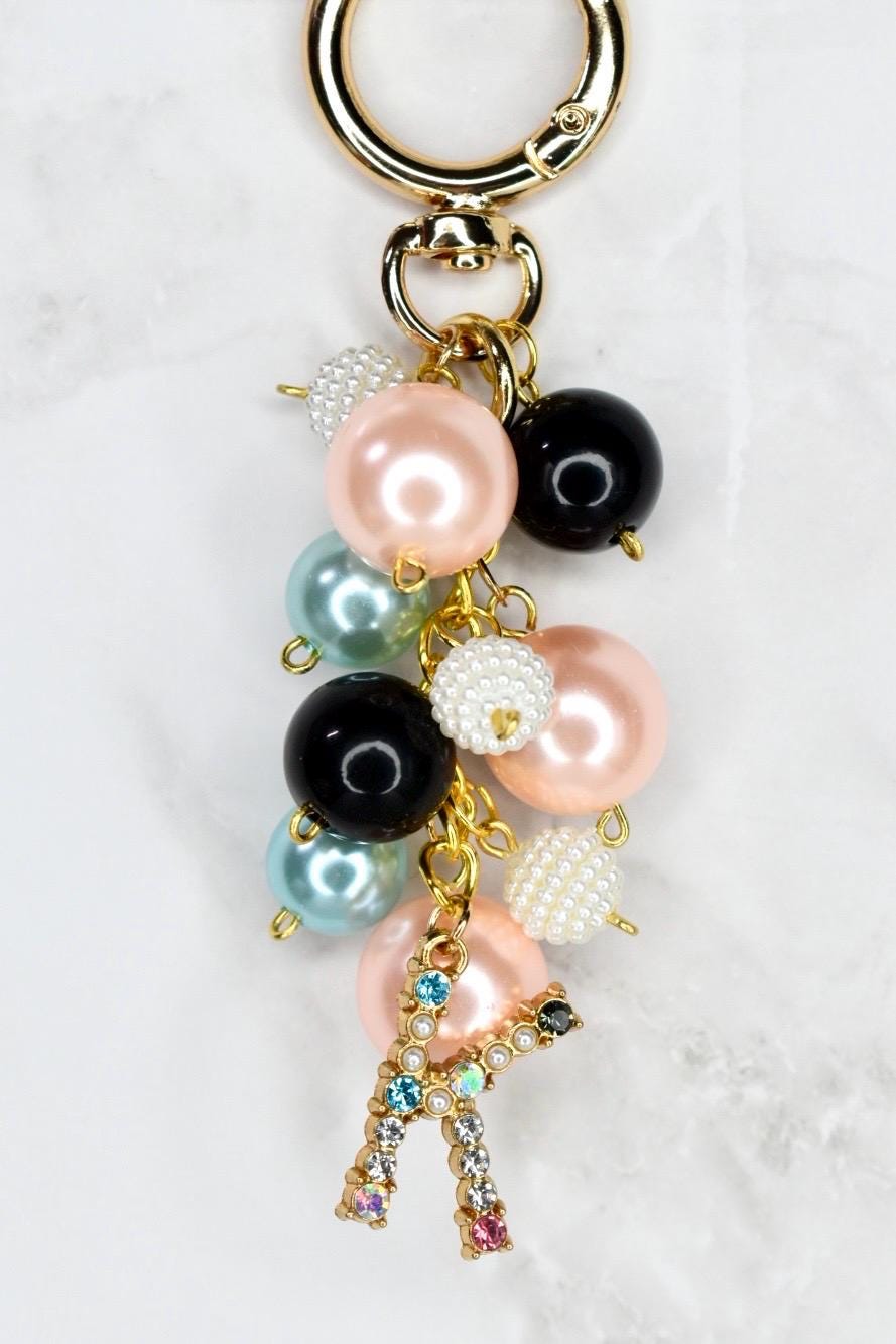 Pearl Beaded Bag Charm: Personalized Rhinestone Initial Keychain