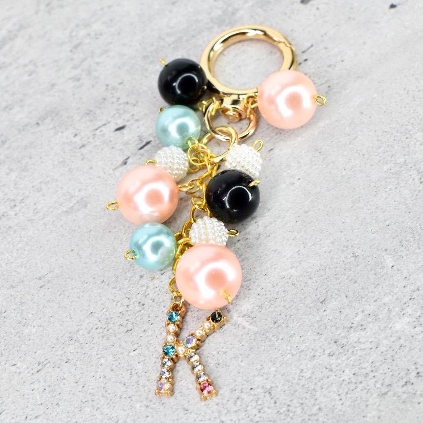 Pearl Beaded Bag Charm: Personalized Rhinestone Initial Keychain