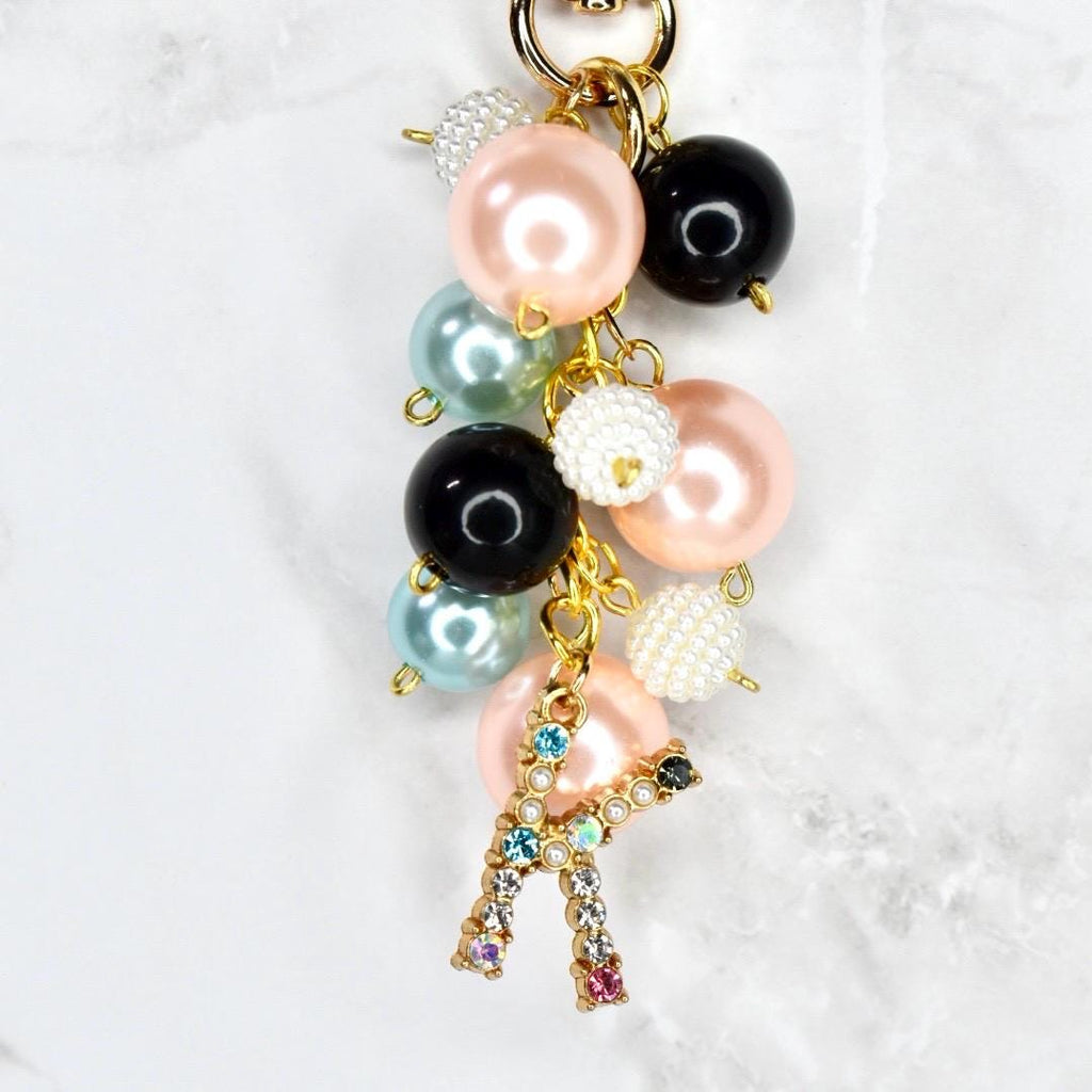 Pearl Beaded Bag Charm: Personalized Rhinestone Initial Keychain