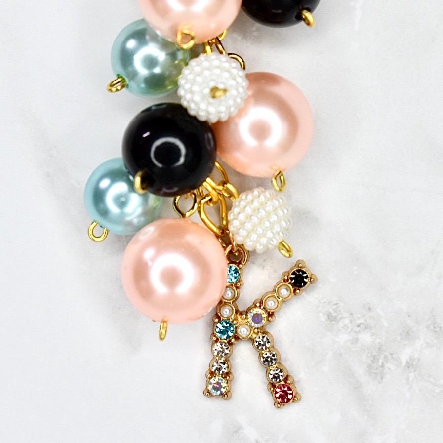 Pearl Beaded Bag Charm: Personalized Rhinestone Initial Keychain