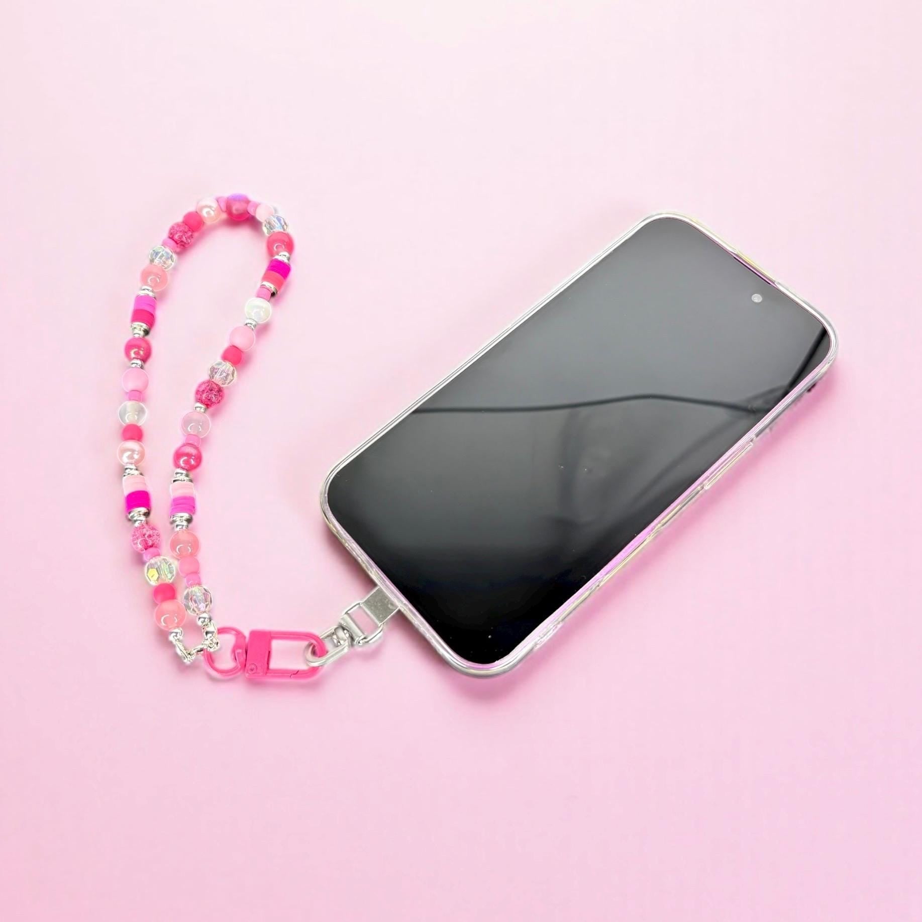 Pink Beaded Phone Charm Wrist Strap
