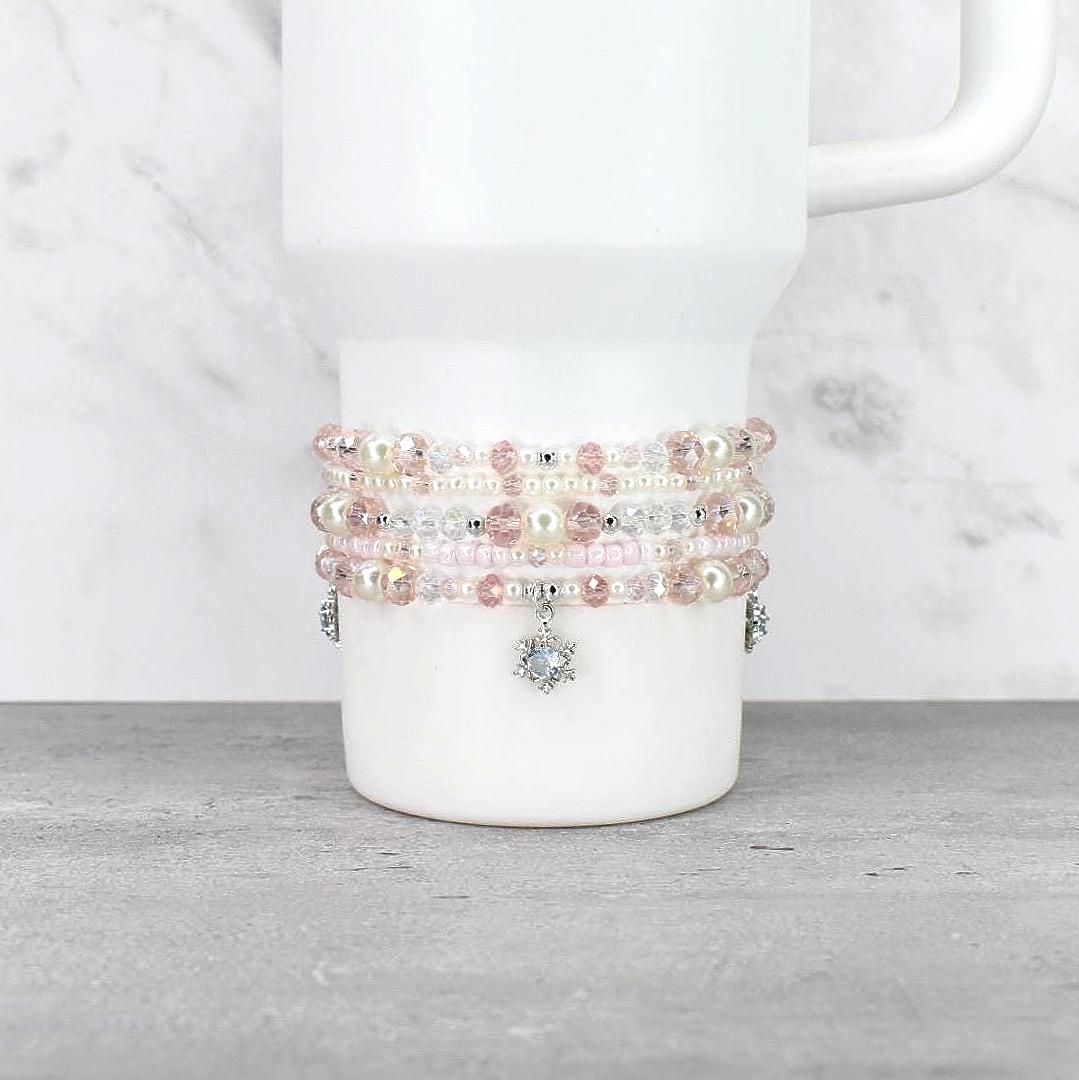 Handmade Pink and Pearl Bracelet Set with Snowflake Charms