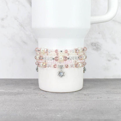 Handmade Pink Pearl Bracelet Set: Crystal Snowflake Charm, Beaded Stacking Bracelets