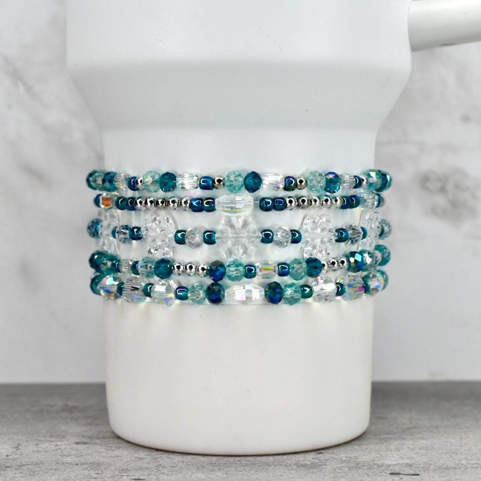 Ponderosa Shimmer Bracelet Collection: Turquoise, Silver and Crystal Beaded Bracelets with Snowflake Accent Beads