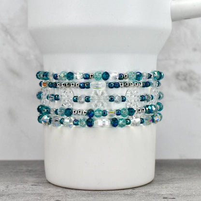Ponderosa Shimmer Bracelet Collection: Turquoise, Silver and Crystal Beaded Bracelets with Snowflake Accent Beads