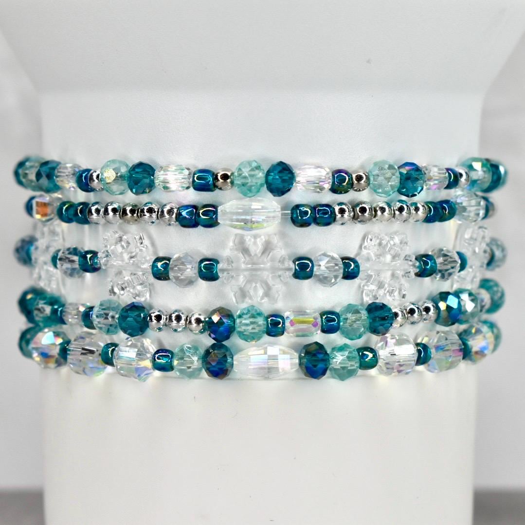 Ponderosa Shimmer Bracelet Collection: Turquoise, Silver and Crystal Beaded Bracelets with Snowflake Accent Beads