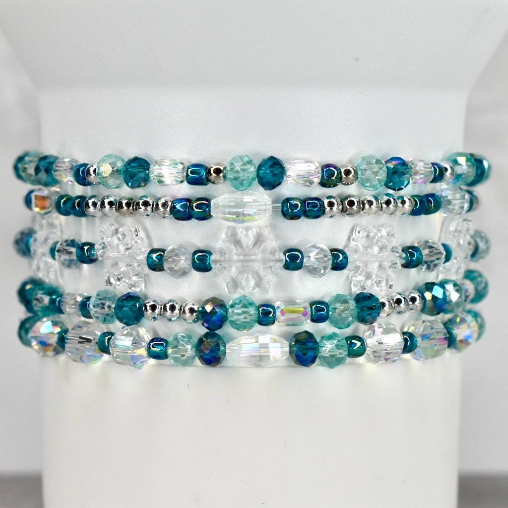 Ponderosa Shimmer Bracelet Collection: Turquoise, Silver and Crystal Beaded Bracelets with Snowflake Accent Beads