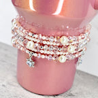 Handcrafted Pearl Jewelry Blush Pink Collection Crystal Beaded Bracelets Dainty Design Elements Silver Accent Details Stackable Individual Pieces Elastic Stretch Comfort Wedding Accessory Options Bridal Fashion Collection Elegant Feminine