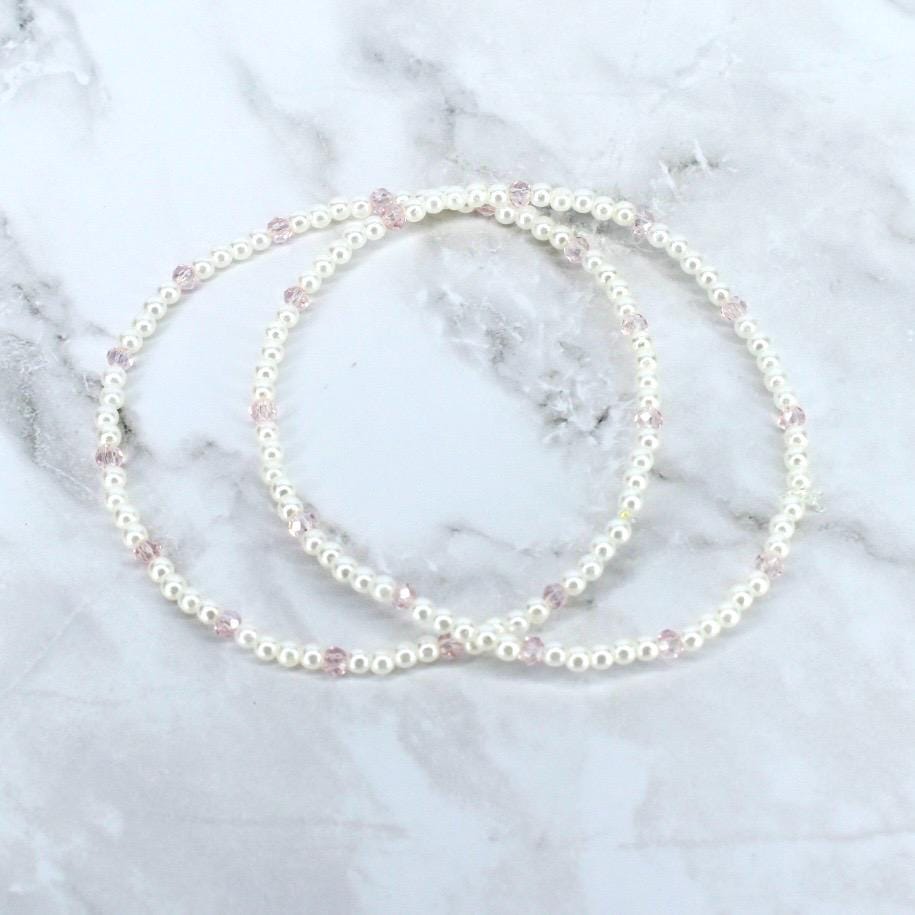 Handmade Pink Pearl Bracelet Set: Crystal Snowflake Charm, Beaded Stacking Bracelets