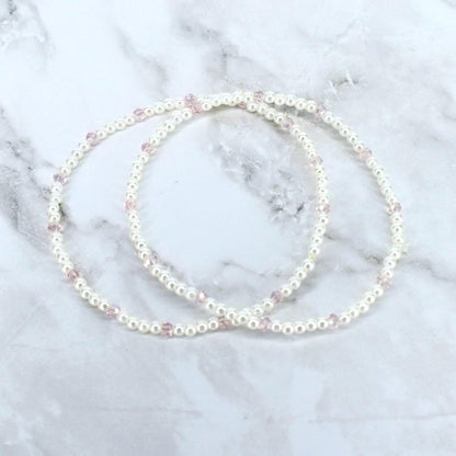 Handmade Pink Pearl Bracelet Set: Crystal Snowflake Charm, Beaded Stacking Bracelets