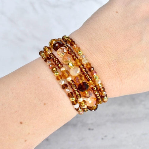 Amber and Gold Bracelet Collection: Brown Beaded Bracelets with Gold Accents