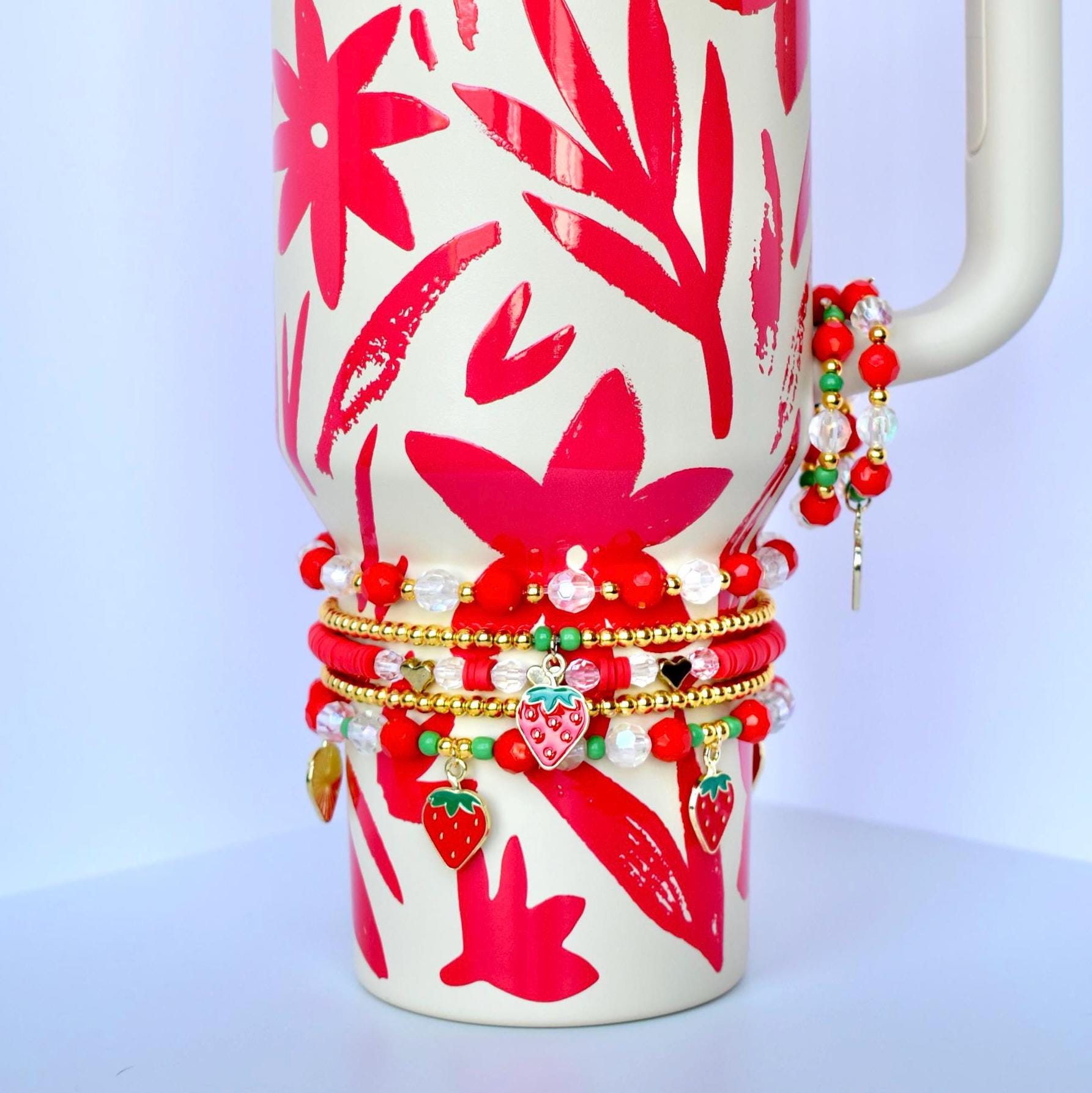 Berry Sweet Strawberry Charm Bracelet Stack | Red Green and Crystal Beaded Bracelets