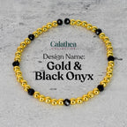 Gold and black onyx beaded bracelet. The bracelet features small, round gold beads interspersed with faceted black onyx beads. The text "Calathea Collective" and "Gold & Black Onyx" are also visible.