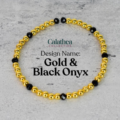 Gold and black onyx beaded bracelet. The bracelet features small, round gold beads interspersed with faceted black onyx beads. The text "Calathea Collective" and "Gold & Black Onyx" are also visible.