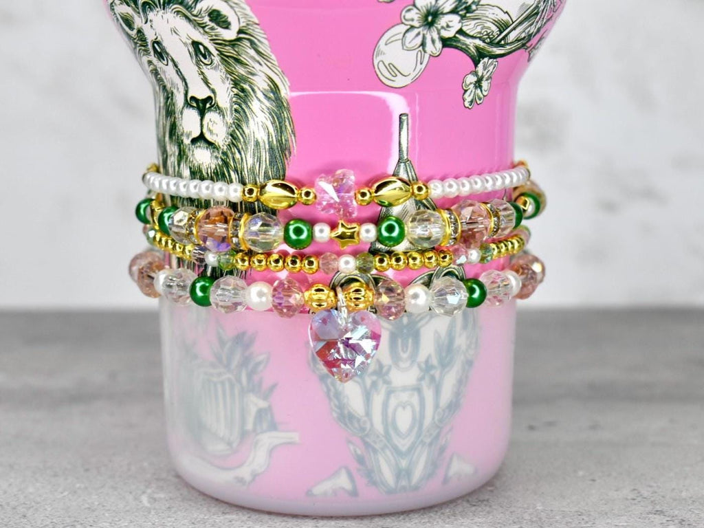 Ozian Reprise Bracelet Collection: Pink Green Crystal and Gold Beaded Bracelets