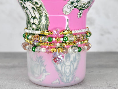 Ozian Reprise Bracelet Collection: Pink Green Crystal and Gold Beaded Bracelets