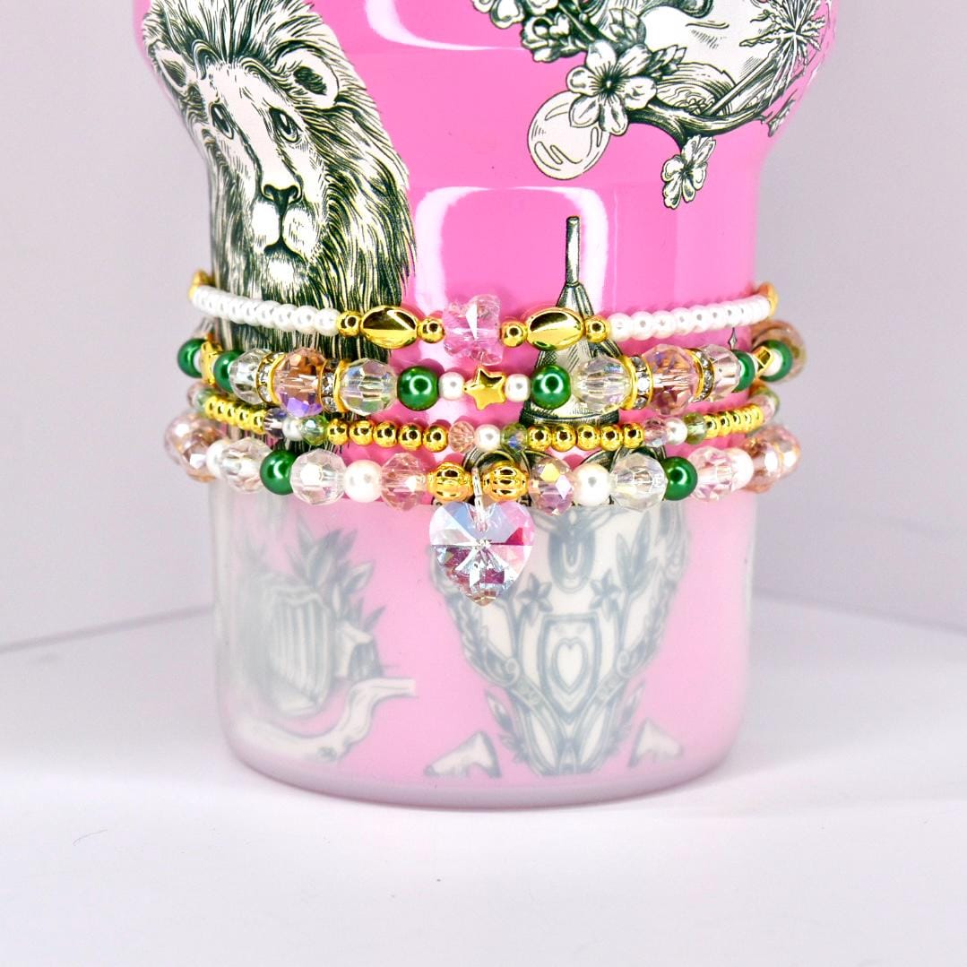 Ozian Reprise Bracelet Collection: Pink Green Crystal and Gold Beaded Bracelets