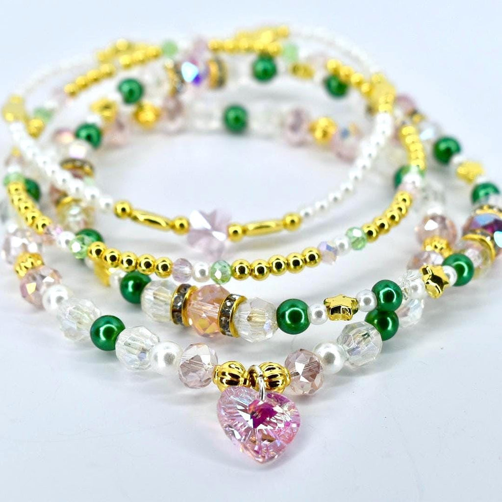 Ozian Reprise Bracelet Collection: Pink Green Crystal and Gold Beaded Bracelets