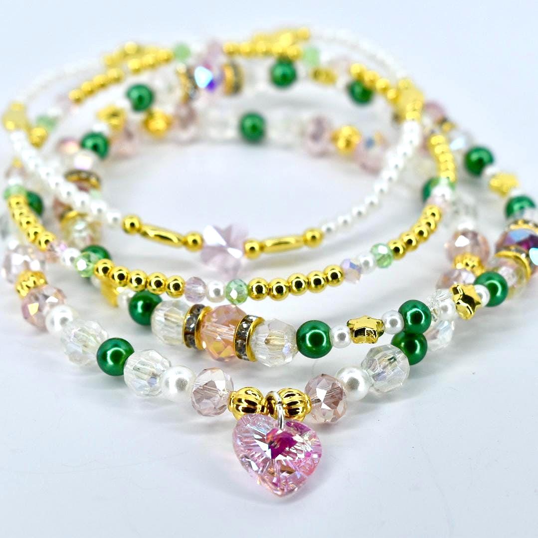 Ozian Reprise Bracelet Collection: Pink Green Crystal and Gold Beaded Bracelets