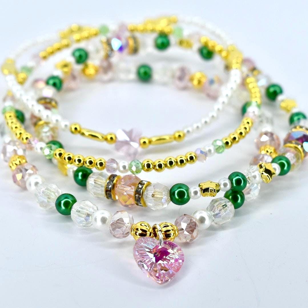 Ozian Reprise Bracelet Collection: Pink Green Crystal and Gold Beaded Bracelets
