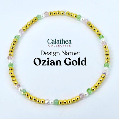 Ozian Reprise Bracelet Collection: Pink Green Crystal and Gold Beaded Bracelets