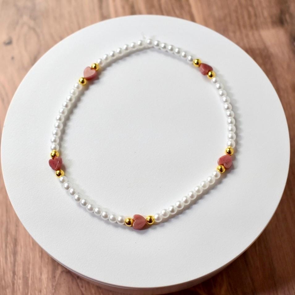 Pearl Beaded Bracelet with Pink Hearts and Gold Accents