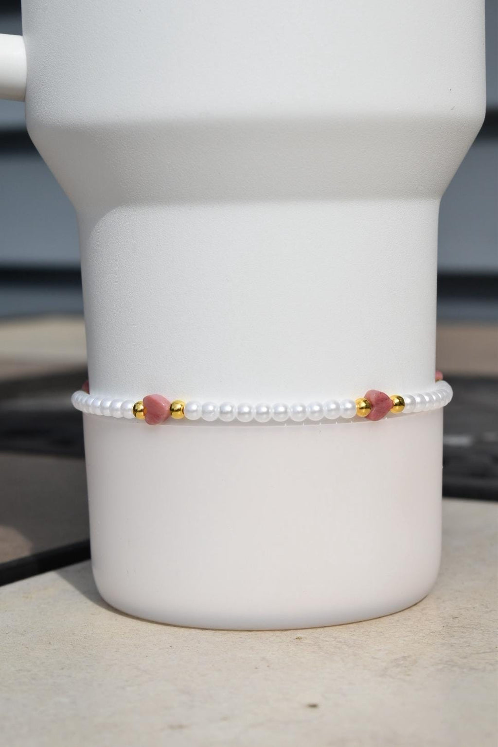 Pearl Beaded Bracelet with Pink Hearts and Gold Accents