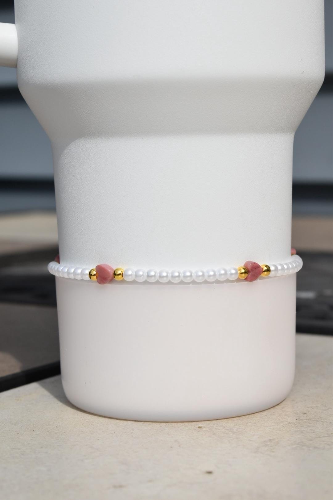 Pearl Beaded Bracelet with Pink Hearts and Gold Accents