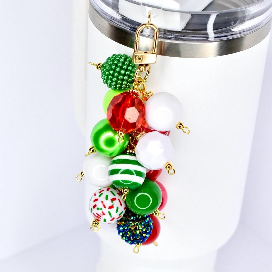 Red and Green Straw Bauble | Christmas Bag Charm or Keychain