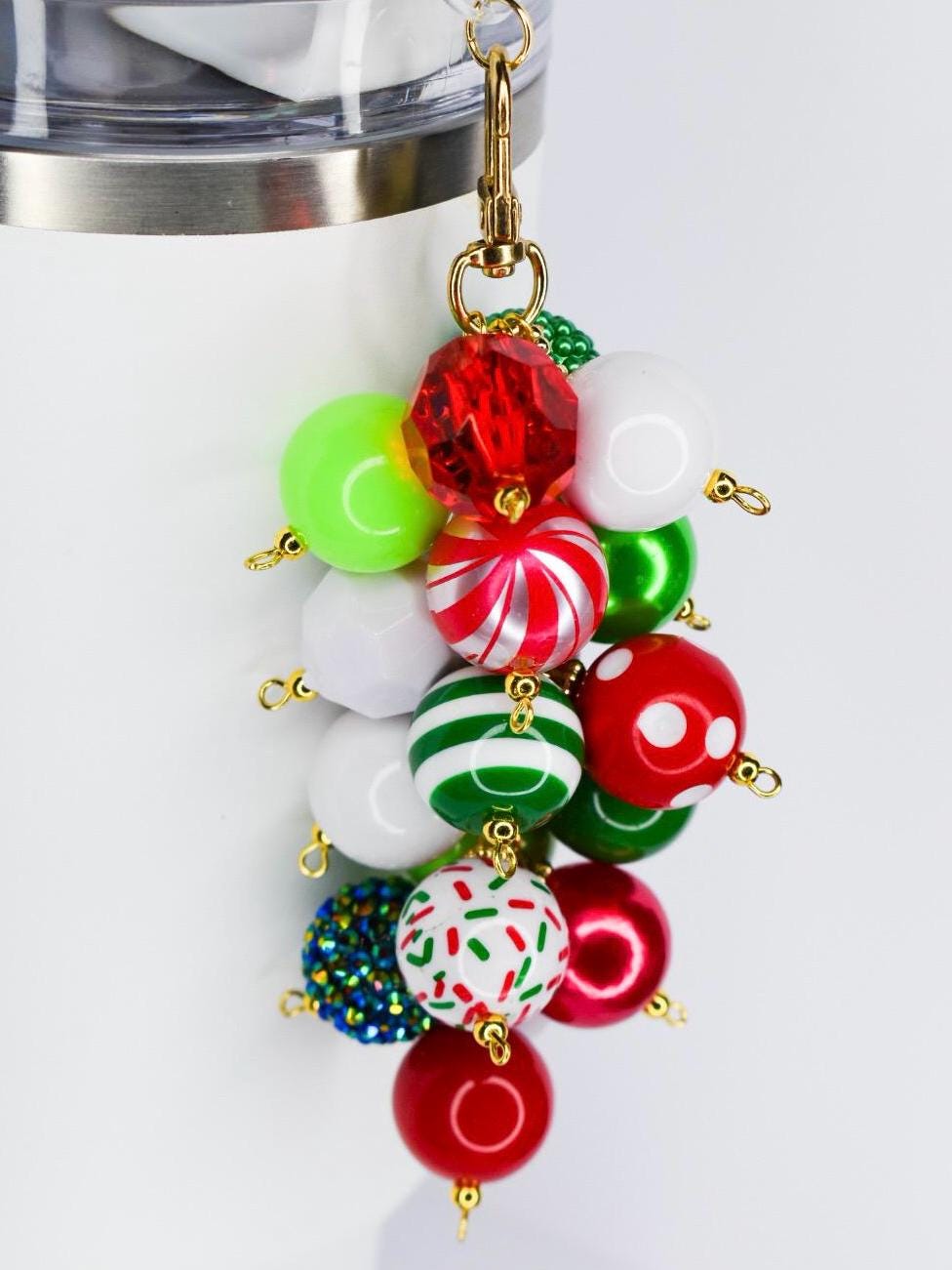 Festive Straw Charm Christmas Tumbler Accessory Holiday Drink Decoration Seasonal Cup Embellishment Red White Green Beads Sparkly Rhinestone Accent Candy Cane Pattern Winter Holiday Design Gift Idea Beverage Enhancement Festive Celebration