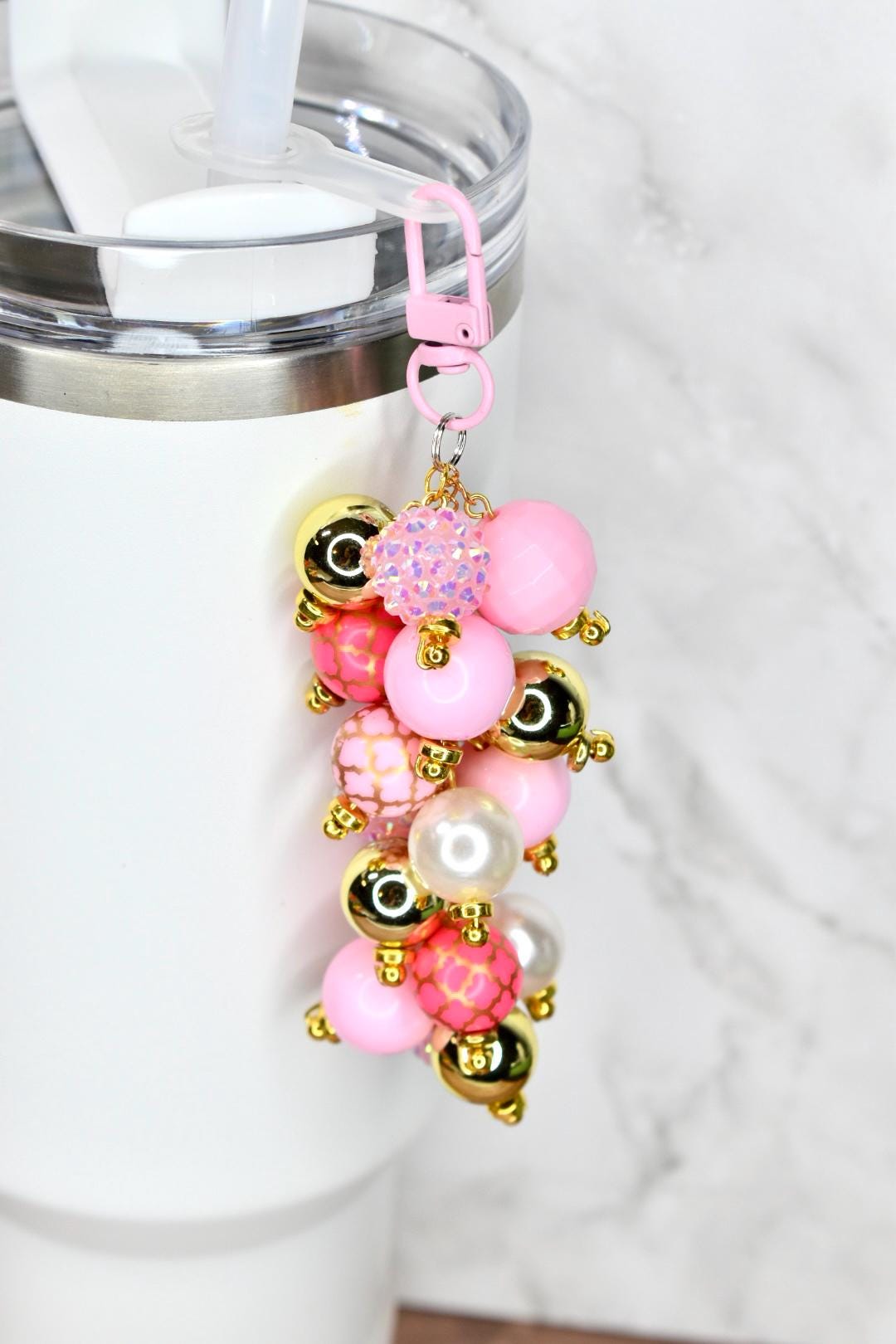 Pink and Gold Beaded Tumbler Straw Charm