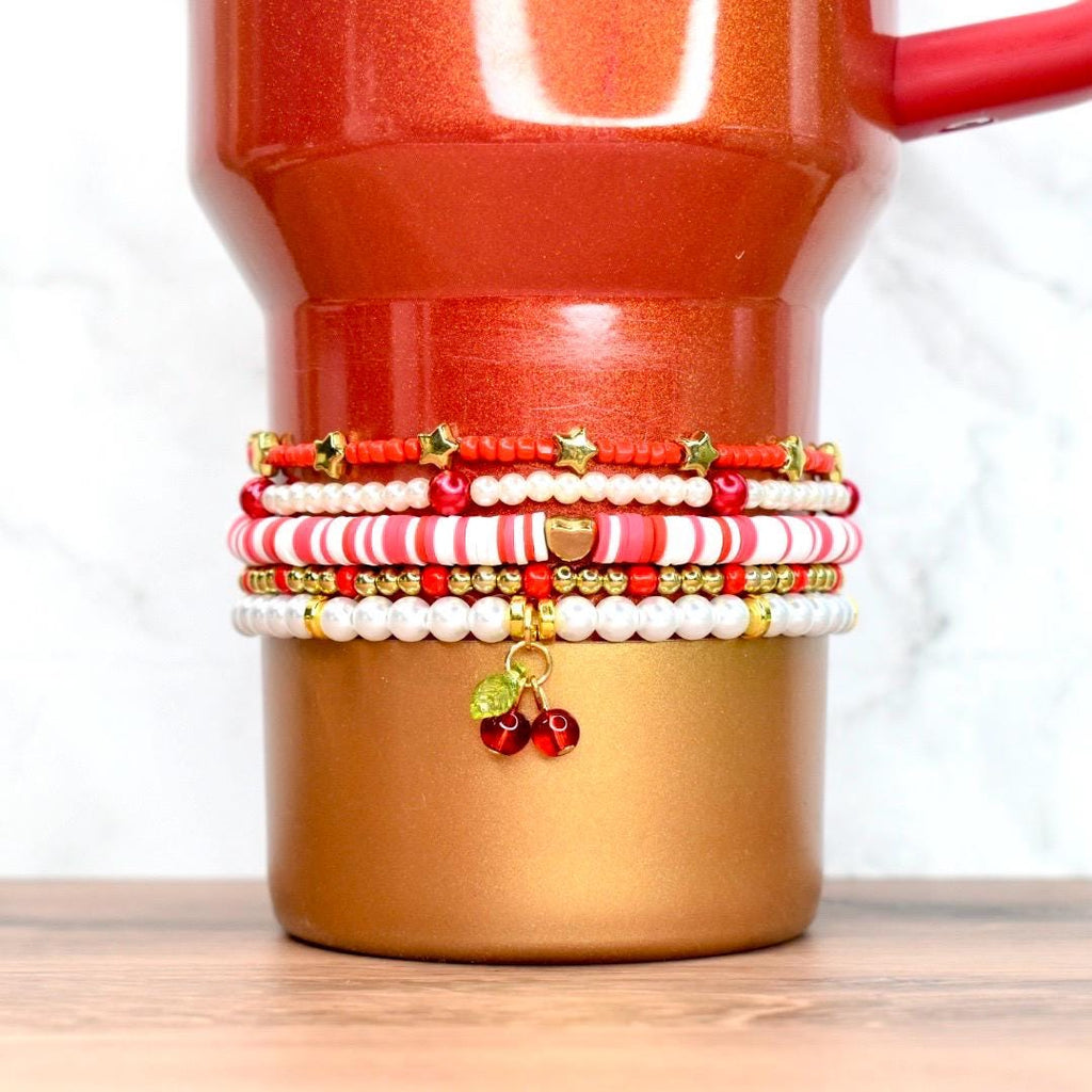 Cherry Charm Bracelet Collection with Red White and Gold Beads