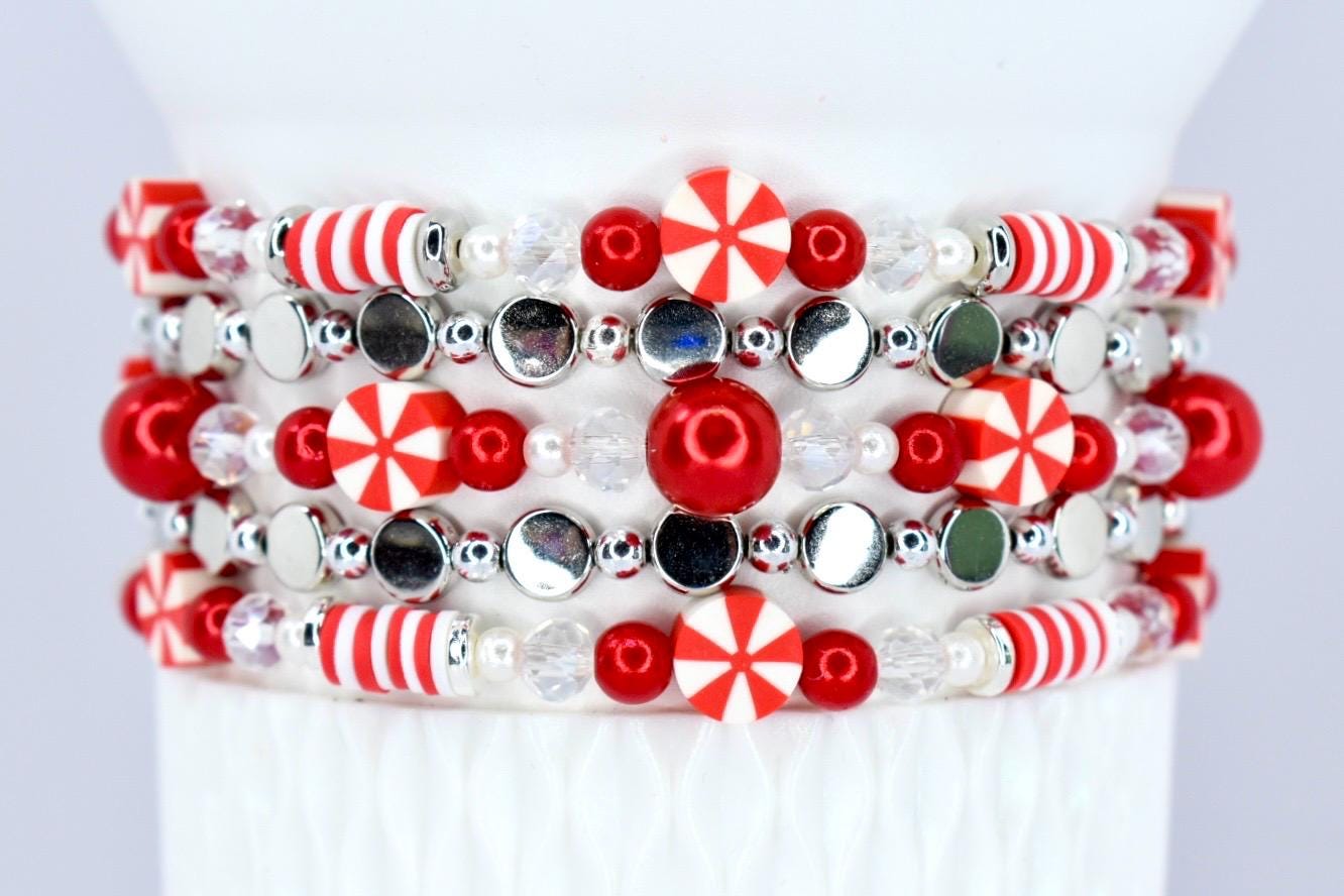 Red and White Candy Cane Twist Beaded Bracelet Collection