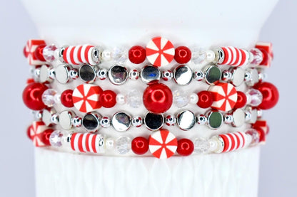 Red and White Candy Cane Twist Beaded Bracelet Collection