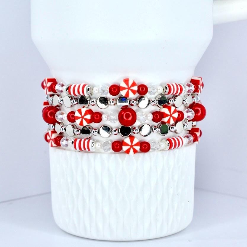 Red and White Candy Cane Twist Beaded Bracelet Collection