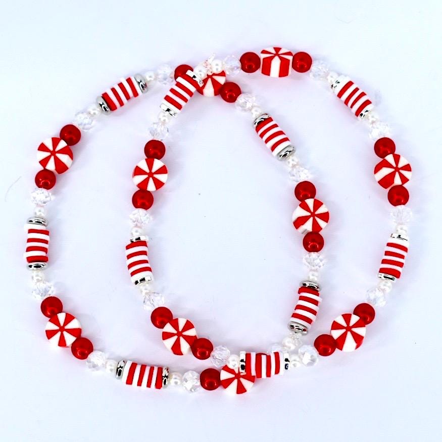 Red and White Candy Cane Twist Beaded Bracelet Collection