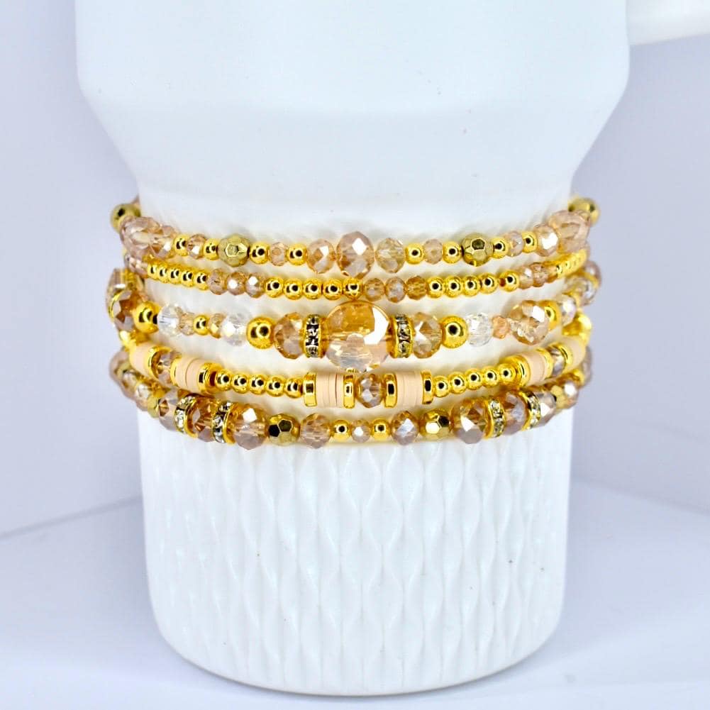 Gold Beaded Bracelet Champagne Crystal Collection Celebration Jewelry Gift Women Special Occasion Sparkle Accessory Dainty Design Elegant Party Wear Faceted Beads Shimmer Detail Bubble Accent Piece Stack Together Look Premium Quality