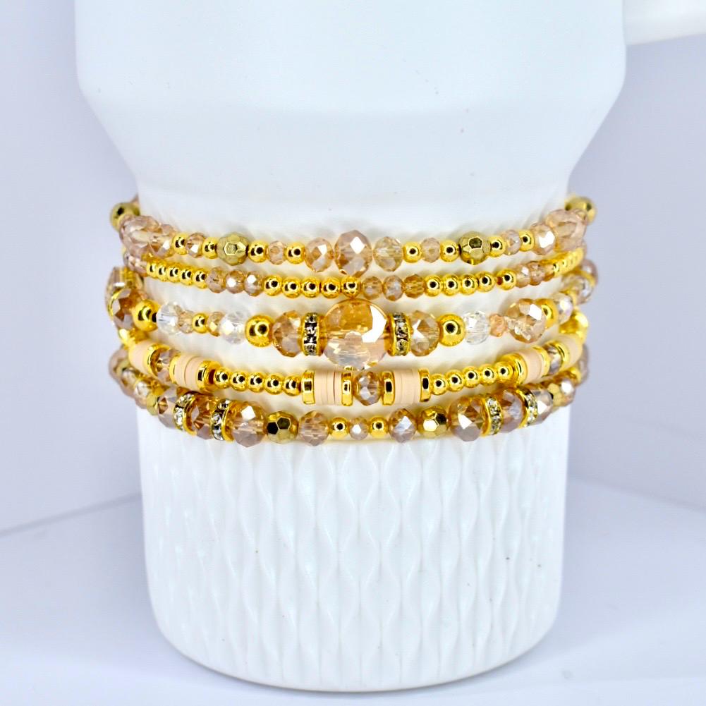 Gold Beaded Bracelet Champagne Crystal Collection Celebration Jewelry Gift Women Special Occasion Sparkle Accessory Dainty Design Elegant Party Wear Faceted Beads Shimmer Detail Bubble Accent Piece Stack Together Look Premium Quality