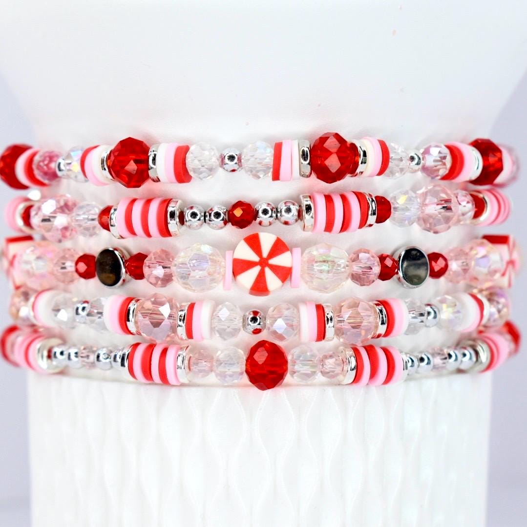 Stackable Bracelet Collection Individual Candy Inspired Pieces Elastic Stretch Beaded Design Strawberry Twist Pattern Holiday Theme Accessory Red Pink White Color Scheme Peppermint Style Christmas Festive Jewelry Stanley Tumbler Charm Wrist