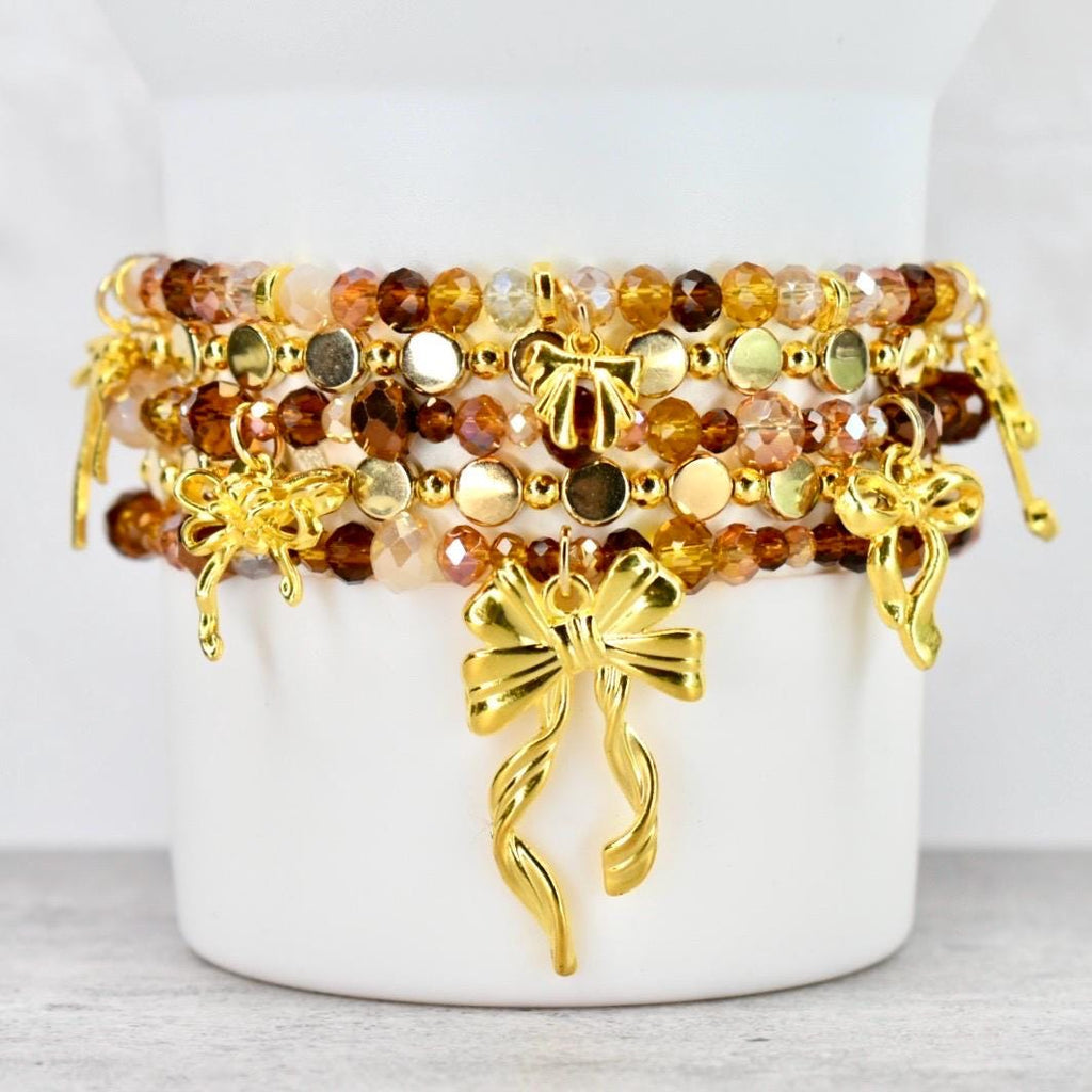 Chocolate Brown and Gold Bracelet Collection - Bow Charm Bracelets