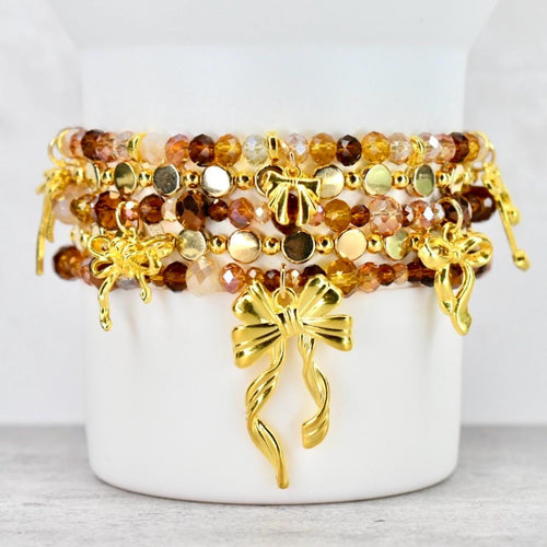 Chocolate Brown and Gold Bracelet Collection - Bow Charm Bracelets