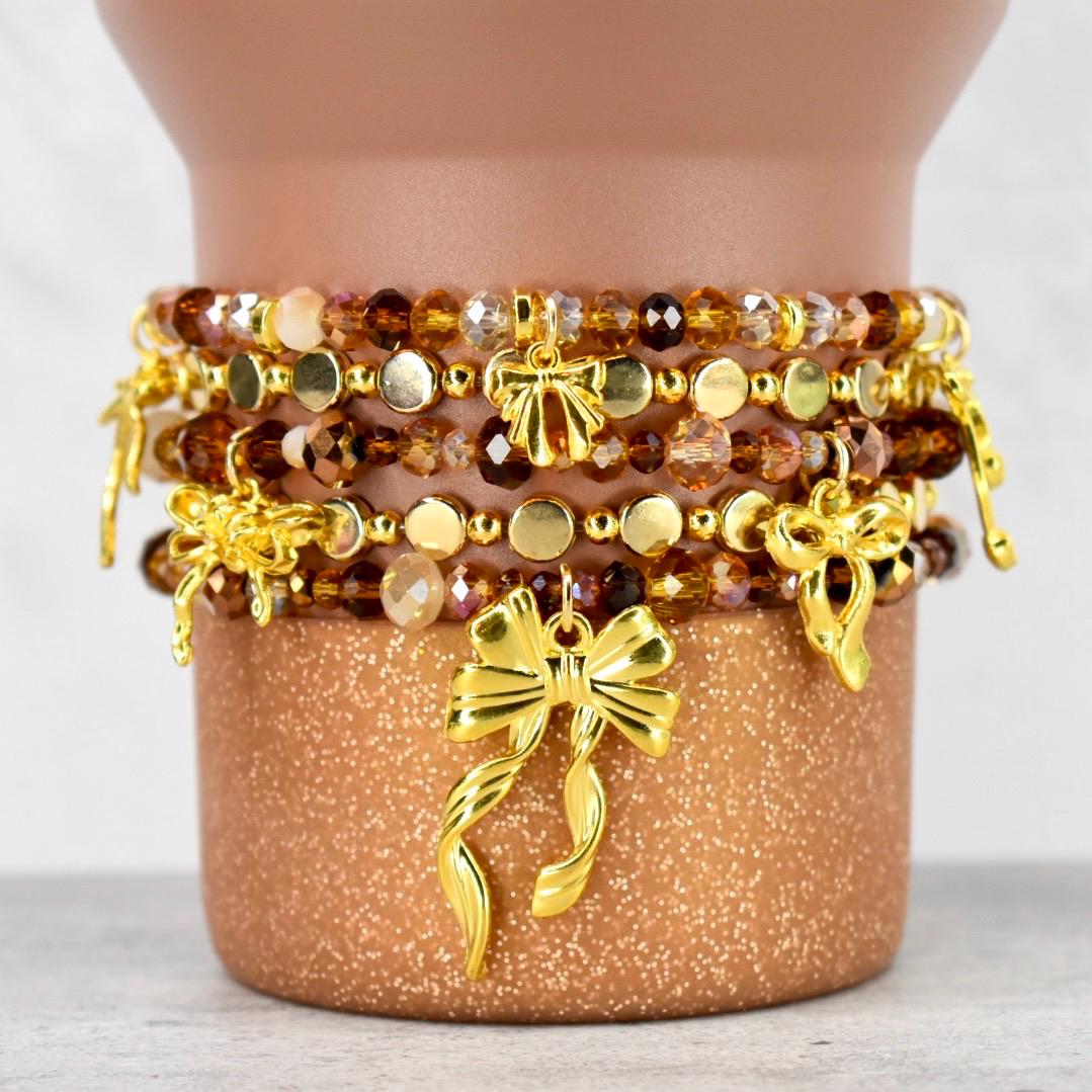 Chocolate Brown and Gold Bracelet Collection - Bow Charm Bracelets