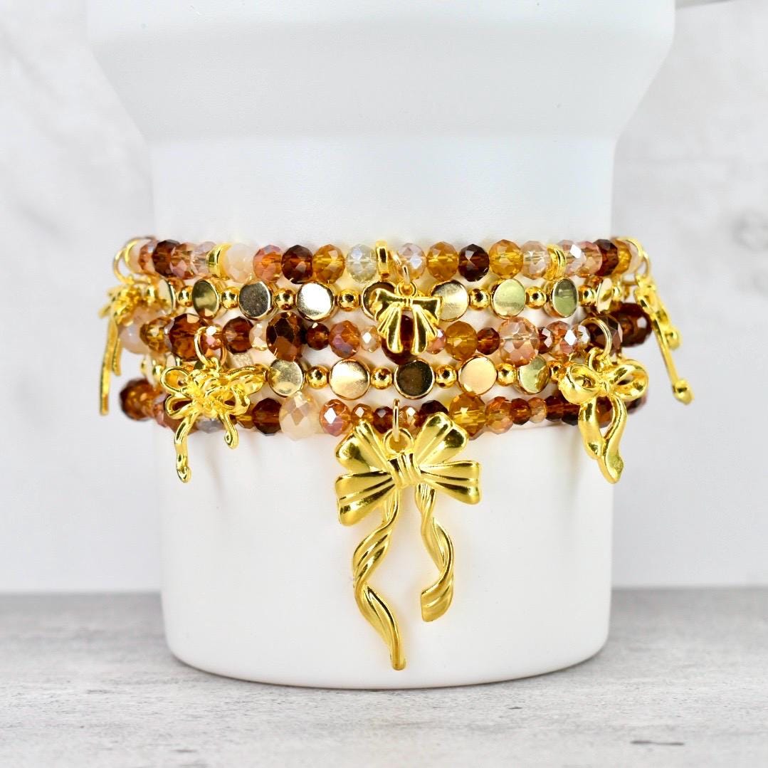 Chocolate Brown and Gold Bracelet Collection - Bow Charm Bracelets