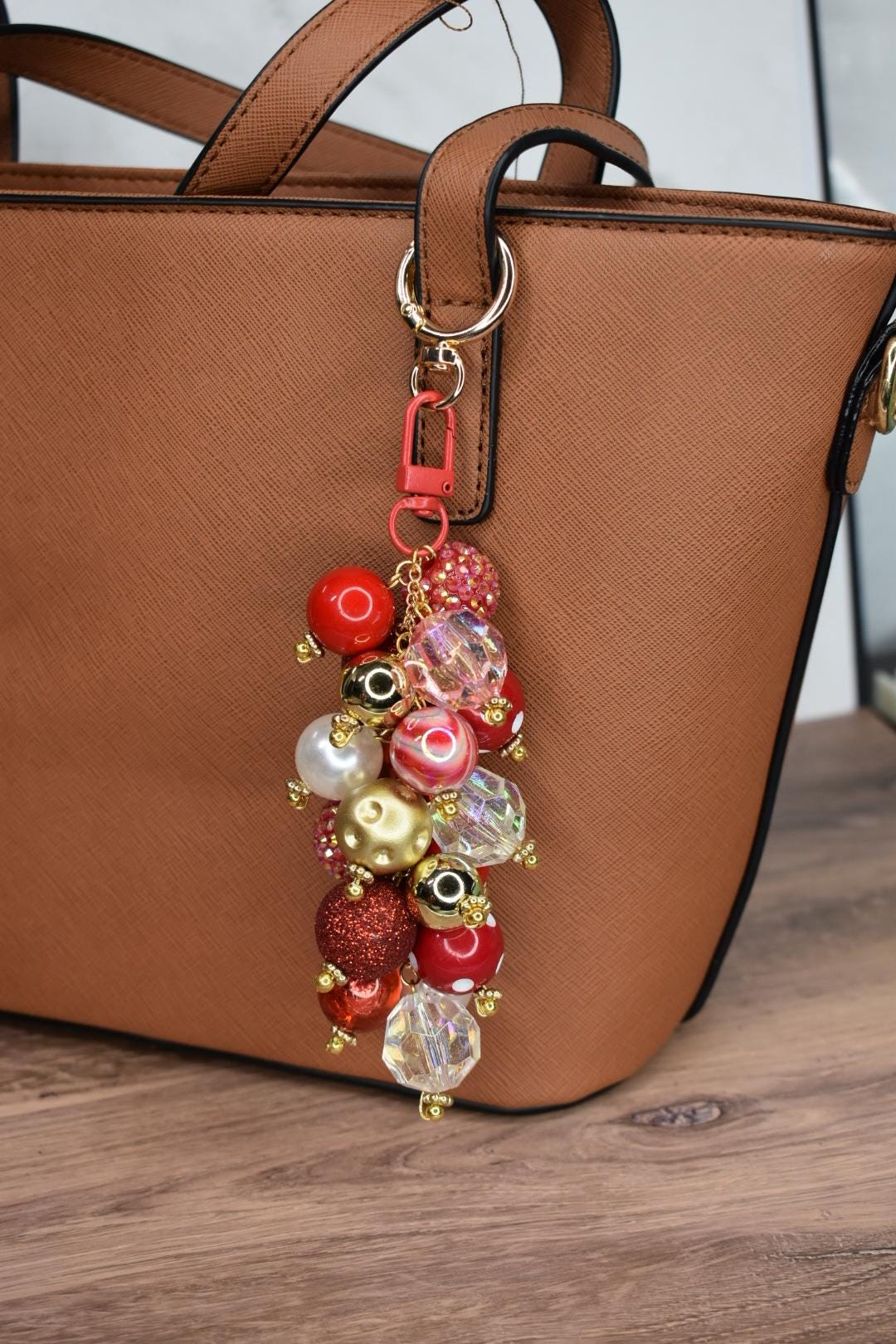 Red and Gold Glam Beaded Bag Charm - Bag Keychain