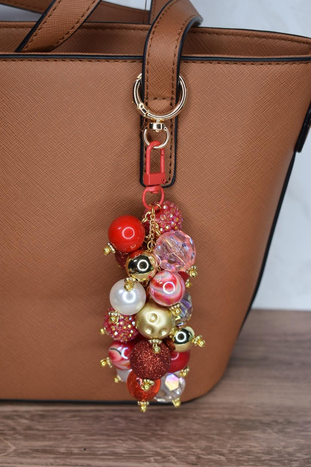 Red and Gold Glam Beaded Bag Charm Keychain or Tumbler Straw Charm