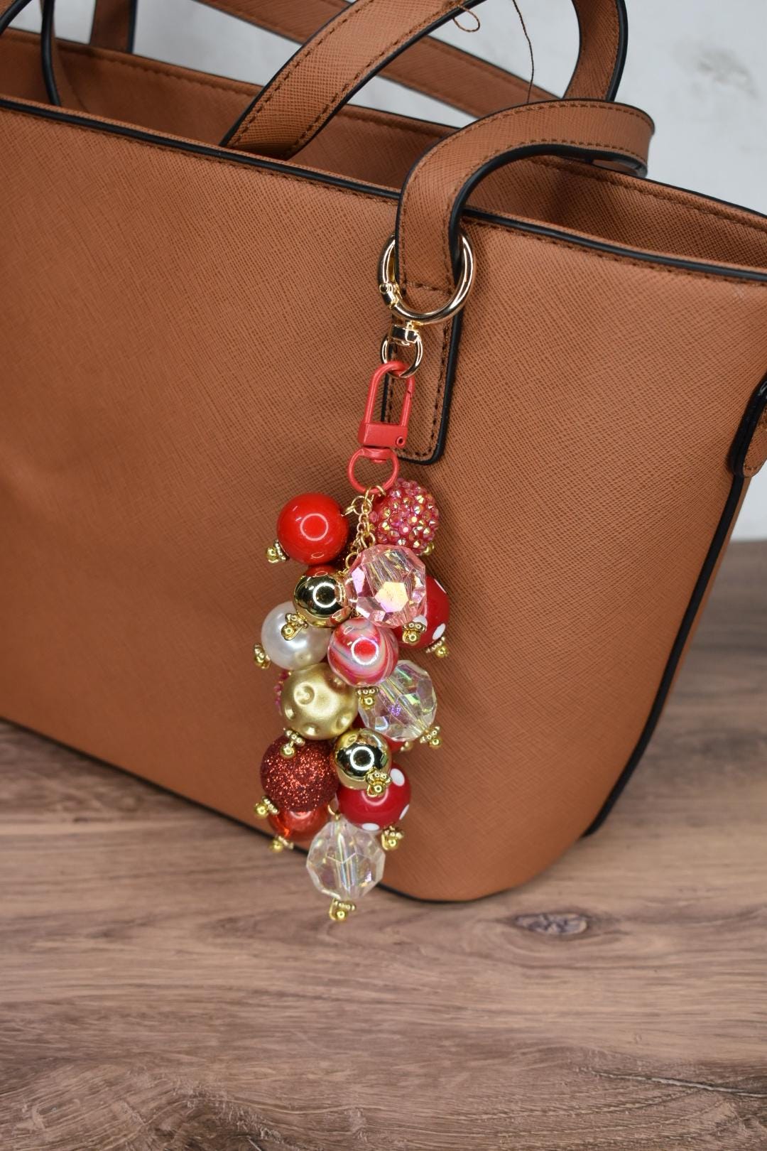 Red and Gold Glam Beaded Bag Charm - Bag Keychain