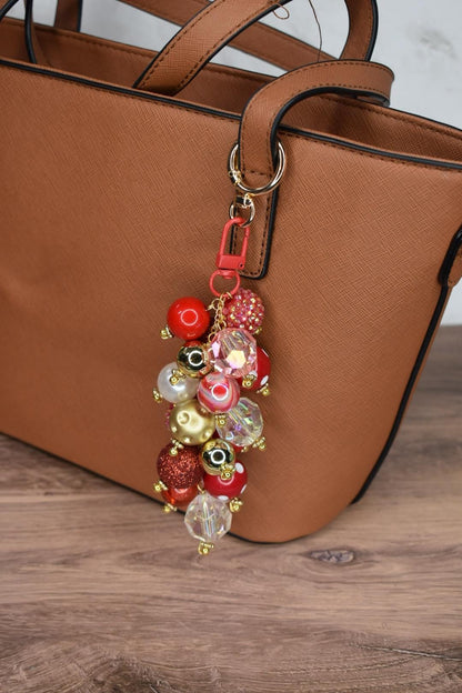 Red and Gold Glam Beaded Bag Charm - Bag Keychain