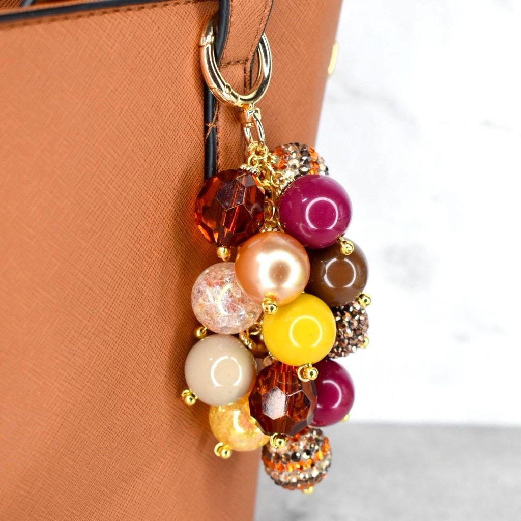 Fall Beaded Bag Charm: Gold and Burgundy Keychain Purse Accessory