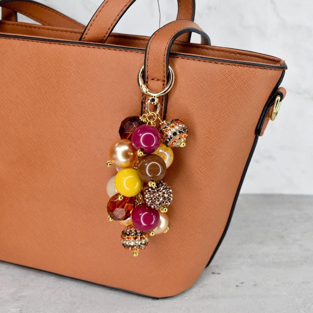 Fall Beaded Bag Charm: Gold and Burgundy Keychain Purse Accessory
