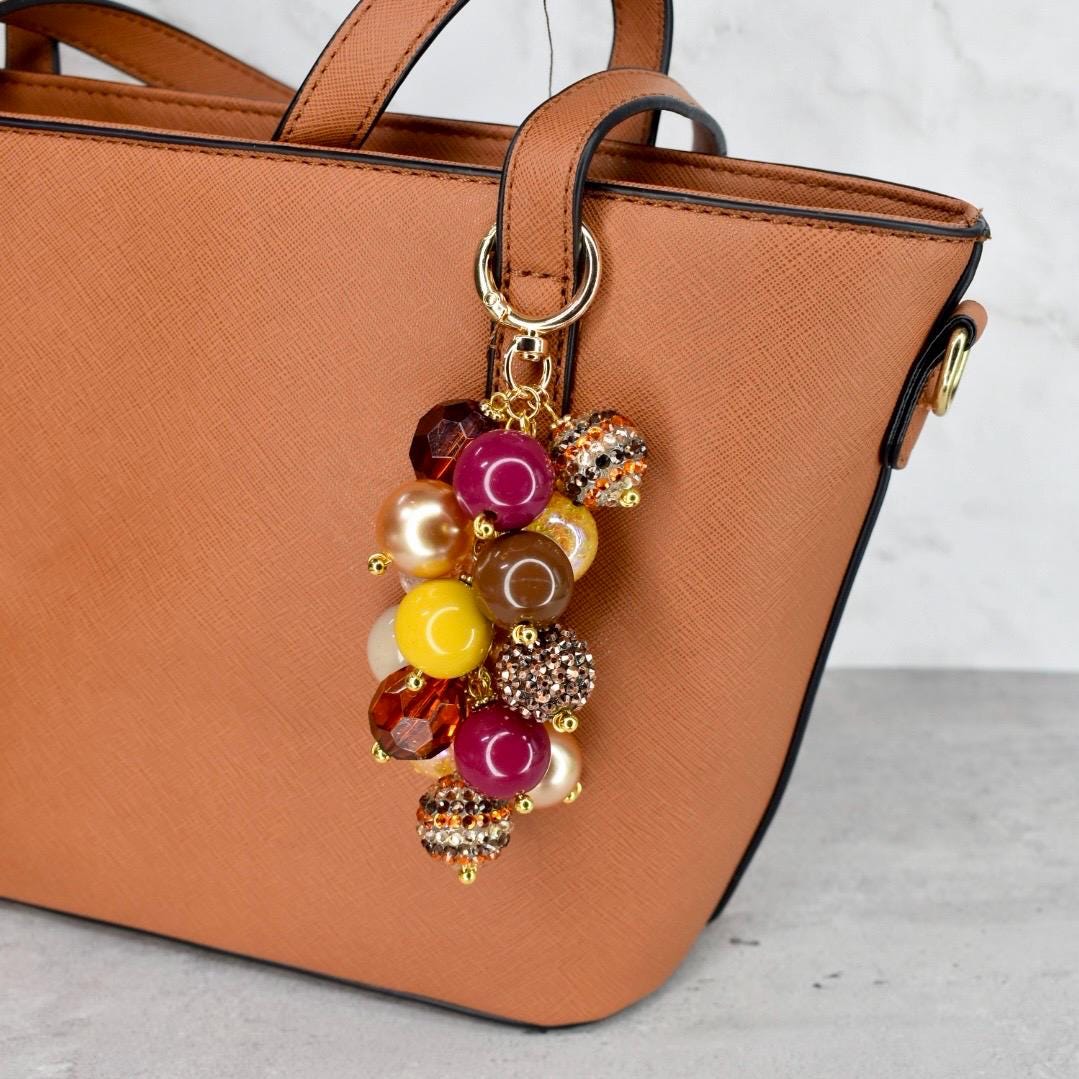 Fall Beaded Bag Charm: Gold and Burgundy Keychain Purse Accessory